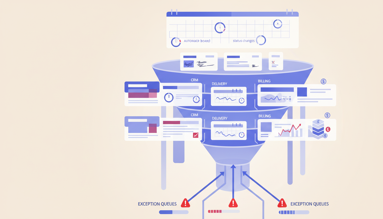 Exception queue controls for an integrated management system with owner, blocker, due date, and next action visible