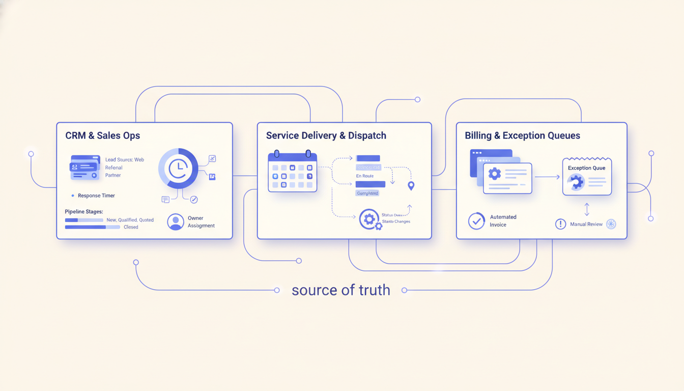 Source-of-truth map for operators showing which system owns leads, delivery status, billing readiness, and customer follow-up